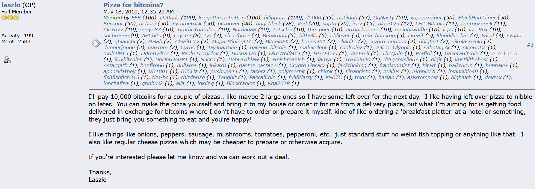 Screenshot of Laszlo Hanyecz's original Bitcointalk forum post offering 10,000 BTC for two pizzas in 2010